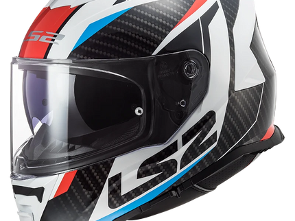 LS2 FF800 Storm Racer road helmet in gloss white with blue and red accents, featuring aerodynamic vents and sleek design.