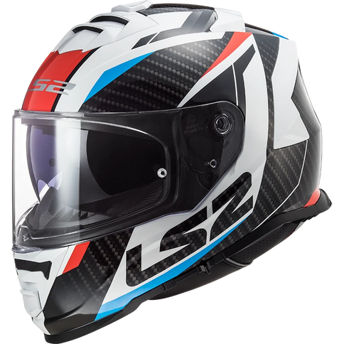 LS2 FF800 Storm Racer road helmet in gloss white with blue and red accents, featuring aerodynamic vents and sleek design.