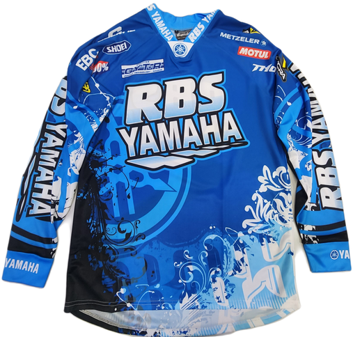RBS Yamaha MX Jersey, blue and white motocross jersey with Yamaha logo, designed for motocross riders, front view.