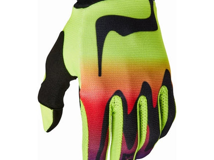 FOX KOZMIK FLO Yellow MX gloves with padded palms and adjustable wrist closures for motocross riding.