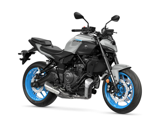 Yamaha MT-07 Hyper Naked motorcycle in Ice Storm color, shown from a 360-degree view highlighting its sporty design.