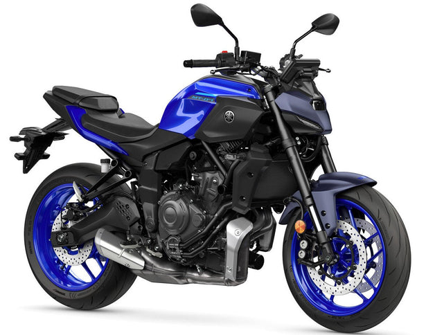 Yamaha MT-07 Hyper Naked motorcycle in blue, shown from 360-degree view with sleek design and modern features