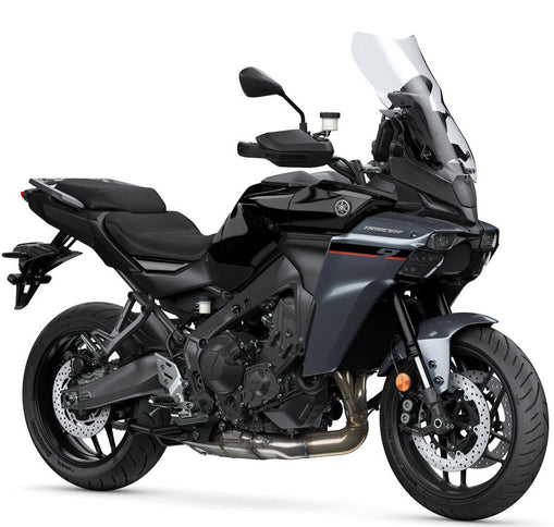 Yamaha Tracer 900 sports touring motorcycle in Midnight Black, shown from multiple angles highlighting its sleek design