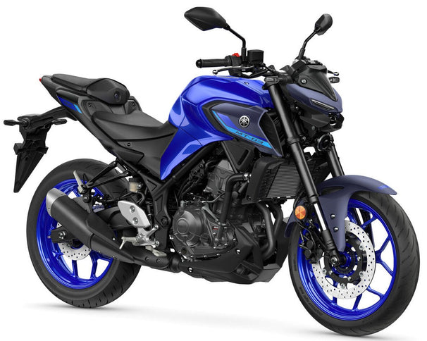 Blue Yamaha MT-03 motorcycle with sleek design, shown from multiple angles in a 360-degree view.