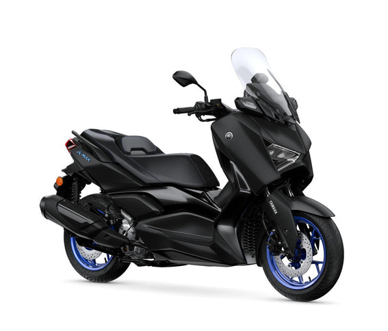 Yamaha X-MAX 300 scooter in black, sleek design, front and side view of the 2025 model with modern styling.