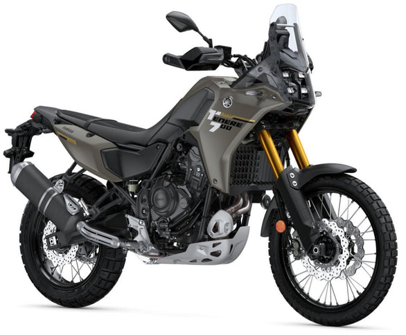 2025 Yamaha Ténéré 700 adventure motorcycle with titanium-colored body and rugged design, shown from multiple angles.