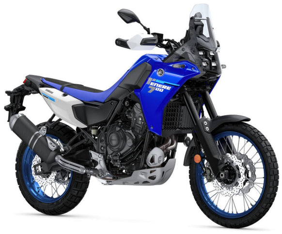 2025 Yamaha Ténéré 700 adventure motorcycle with blue body and rugged design, shown from multiple angles.