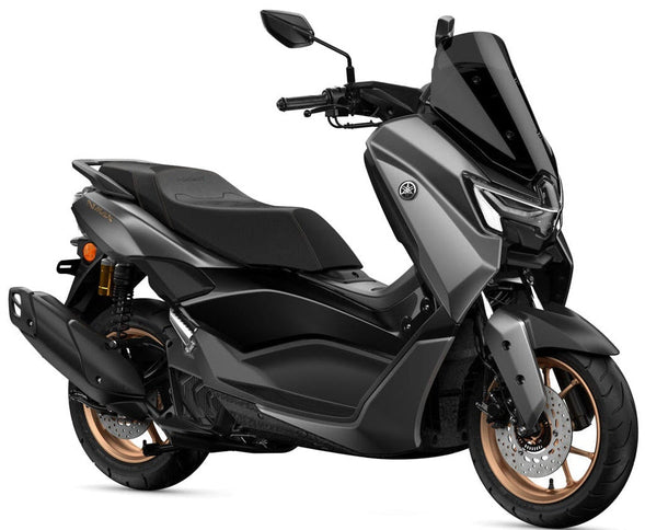 Yamaha NMAX 155 scooter in Crystal Graphite, shown from multiple angles with sleek design and modern features.