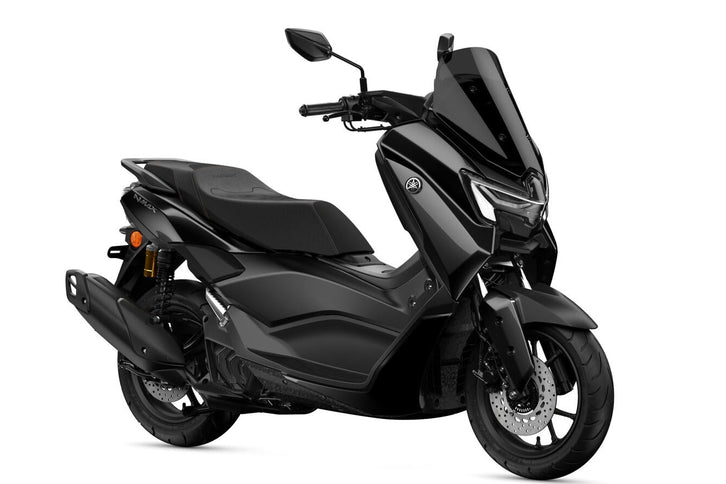 Yamaha NMAX 155 scooter in midnight black, shown from multiple angles, highlighting its sleek design and modern features.
