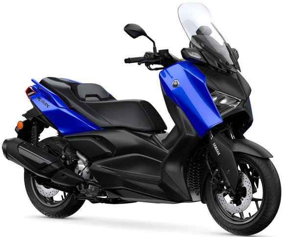 Blue Yamaha X-MAX 300 scooter, a sleek motorcycle with modern design, shown from multiple angles in a 360-degree view.