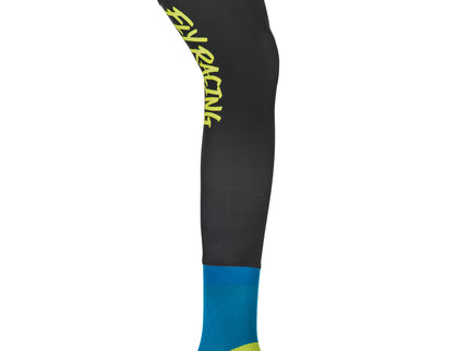 Fly Racing MX knee brace socks in hi-vis black and blue with reinforced design, ideal for motocross riders.