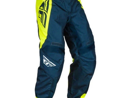 Fly F-16 MX Pants in navy with hi-viz and white accents, designed for motocross riding, featuring durable fabric and adjustable fit.