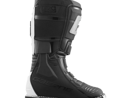 GAERNE GX1 MX boots in black and white with sturdy construction and ankle support for motocross riding.
