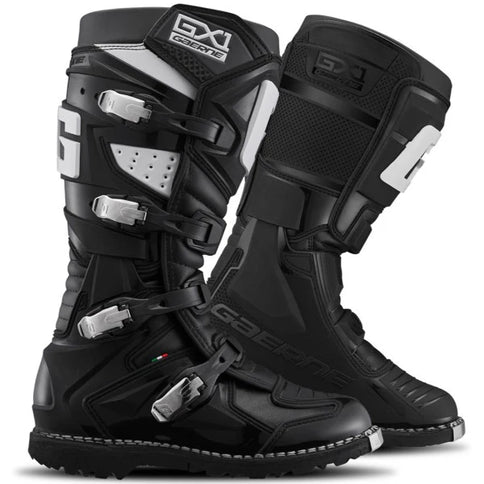 GAERNE GX1 ENDURO black MX boots with sturdy design and secure fastenings, ideal for motocross riding.