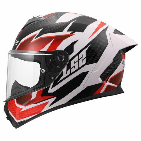 LS2 Rapid III XTREM white, black, and red road helmet with glossy finish, featuring aerodynamic design and adjustable straps.