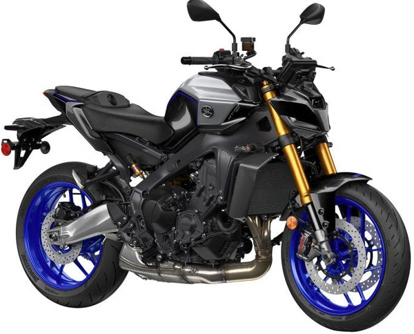 Yamaha MT-09 SP motorcycle in blue with sporty design, sleek body, and aggressive stance, positioned on a plain background.