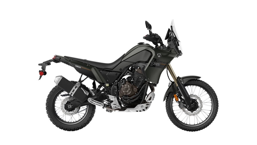 Yamaha Ténéré 700 adventure motorcycle in black and white, showcasing its rugged design and off-road capabilities.