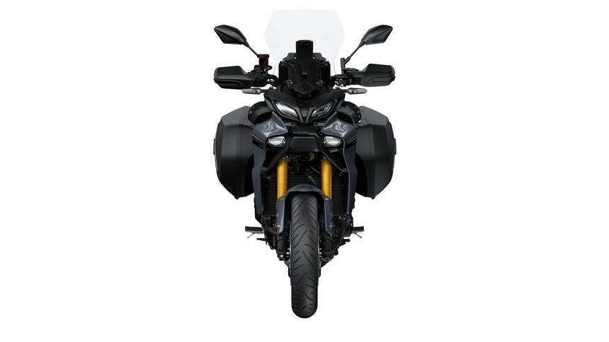 Yamaha Tracer 900 GT+ sports touring motorcycle front view, showcasing sleek design and premium features.