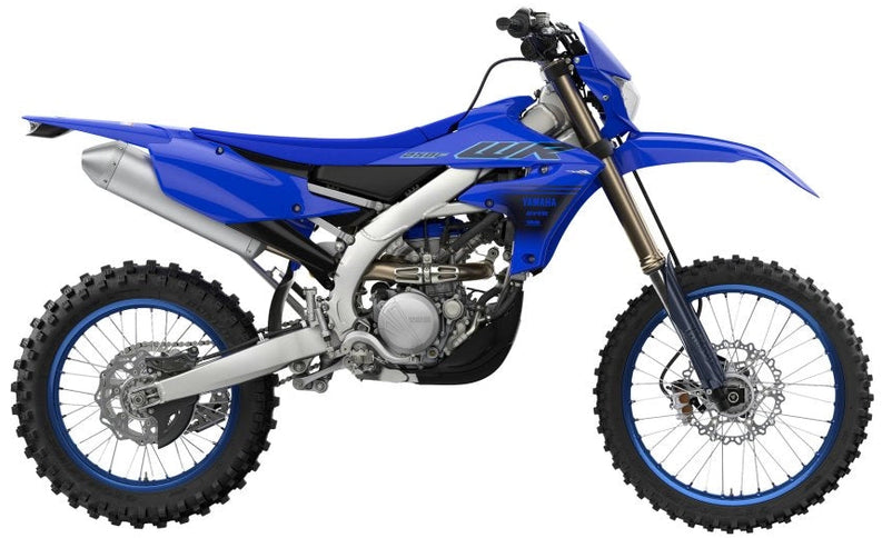 Yamaha WR250F motocross motorcycle in blue with racing graphics and off-road tires, ready for dirt trail riding.