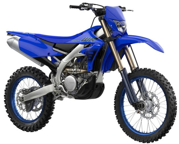 Yamaha WR250F off-road motorcycle in blue with rugged tires and sporty design, suitable for motocross and trail riding.