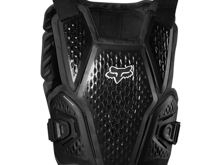FOX Raceframe Impact Chest Guard, lightweight protective chest armor for motocross and off-road riding, in black with adjustable straps.