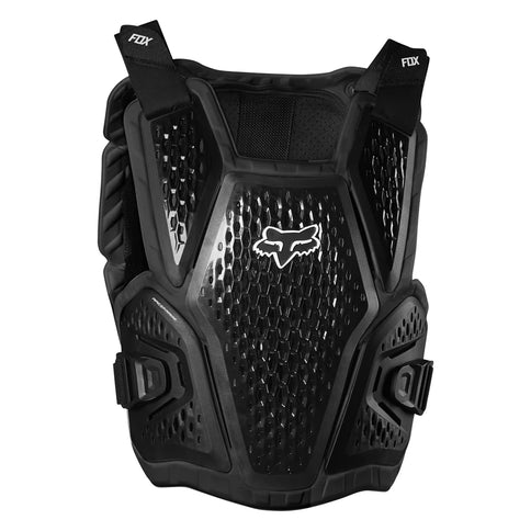 FOX Raceframe Impact Chest Guard, lightweight protective chest armor for motocross and off-road riding, in black with adjustable straps.