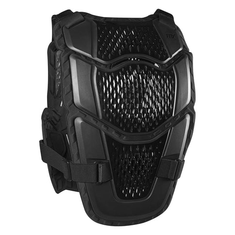 FOX Raceframe Impact Chest Guard for protection during motocross, showing padded chest protection with adjustable straps.