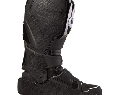 Black FOX Instinct MX boots with sturdy ankle support and durable construction, designed for motocross riding.