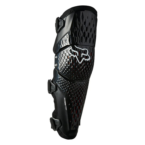 FOX TITAN PRO D30 knee guard in black showing padded knee protection with adjustable straps for secure fit.