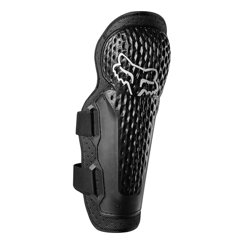 Black FOX YOUTH Titan Sport Knee Guard with CE protection, designed for youth athletes and featuring durable, adjustable knee support.