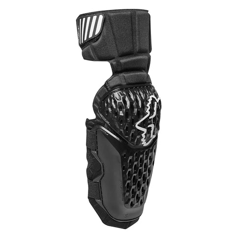 Black FOX Titan Race Elbow Guard for protection, featuring durable padding and adjustable straps, shown on a rider's arm.