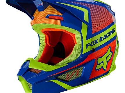 FOX V1 Oktiv MX helmet in blue, featuring a sleek motocross helmet design for off-road riding safety and style.