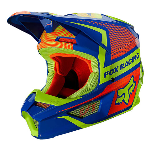 FOX V1 Oktiv MX helmet in blue, featuring a sleek motocross helmet design for off-road riding safety and style.