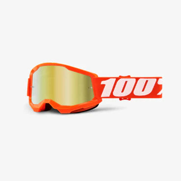 MX goggles with orange and gold mirror lenses from 100% Strata JNR ORG Gold Mirror collection, featuring a sleek, sporty design.