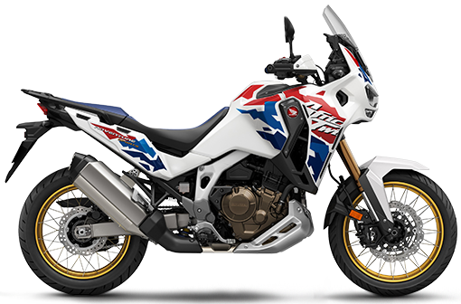 Honda CRF1100L Africa Twin Adventure Sports DCT motorcycle with tri-color paint scheme, featuring off-road and touring capabilities.