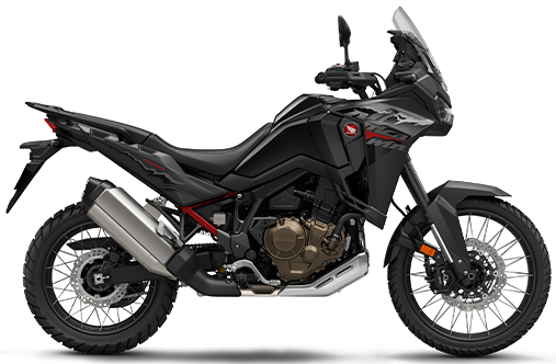 Honda CRF1100 Africa Twin motorcycle in black, with a sleek design and off-road-ready features visible in the image.