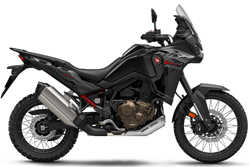 Honda CRF1100 Africa Twin DCT motorcycle in black, showcasing its rugged design and adventure-ready features.