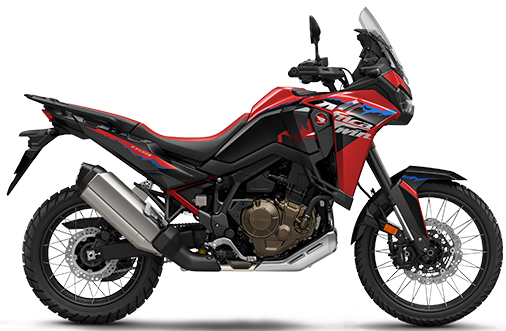 Red Honda CRF1100 Africa Twin motorcycle with dual headlights and adventure-ready design.