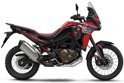 Red Honda CRF1100 Africa Twin DCT motorcycle with dual headlights and rugged off-road tires.