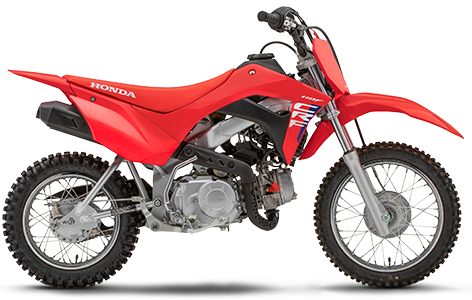 Honda CRF110F dirt bike in various colors, featuring a compact design and off-road tires suitable for beginner riders.