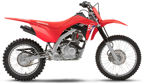 Honda CRF125F dirt bike in various colors, featuring a lightweight frame, rugged tires, and a compact design for young riders.
