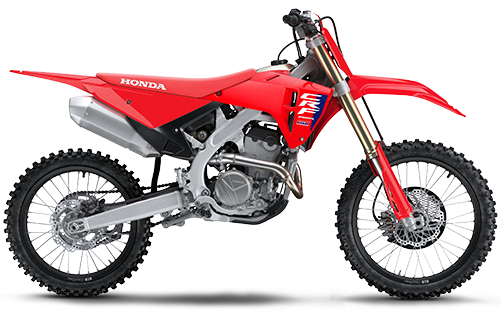 Honda CRF250R dirt bike with colorful body panels and off-road tires, showcasing its sporty design and rugged build.