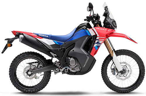 Honda CRF300R Rally motorcycle with colorful body panels and off-road design, shown from the side.
