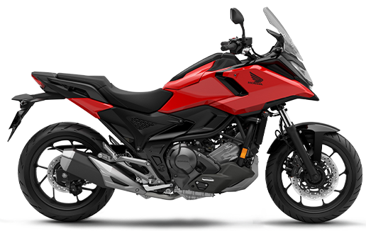 Red Honda NC750X motorcycle with sporty design and touring features, shown from a side angle.
