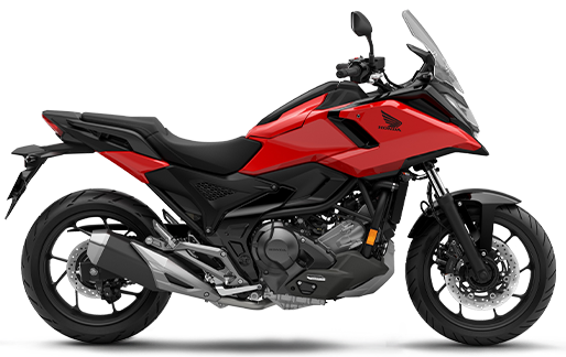 Honda NC750XD DCT motorcycle in vibrant red with sleek bodywork and modern design, shown from a side angle.
