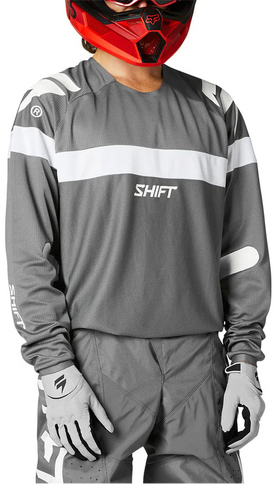 Gray and white WHIT3 Label Void Jersey MX jersey by SHIFT, featuring bold graphic design and breathable fabric for motocross riding.
