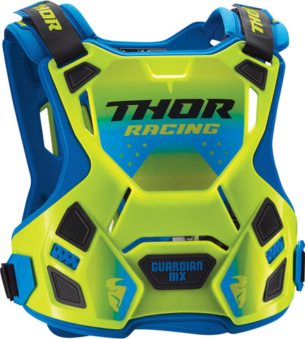 Thor Guardian MX chest protector in Flo Green and Blue, featuring padded armor for motocross protection.