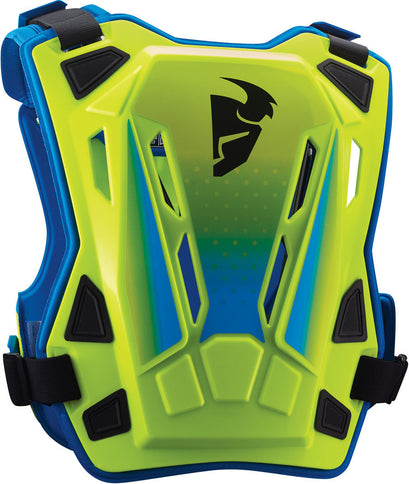 THOR Guardian MX chest protector in Flo Green and Blue, designed for motocross riding, with padded protection and adjustable straps.