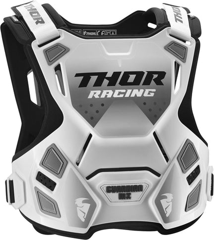 White and black Guardian MX chest protector by THOR, designed for motocross riders, showing padded chest armor with adjustable straps.