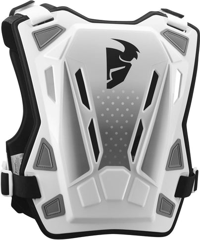 Thor Guardian MX chest protector in white and black, featuring padded chest armor for motocross protection.
